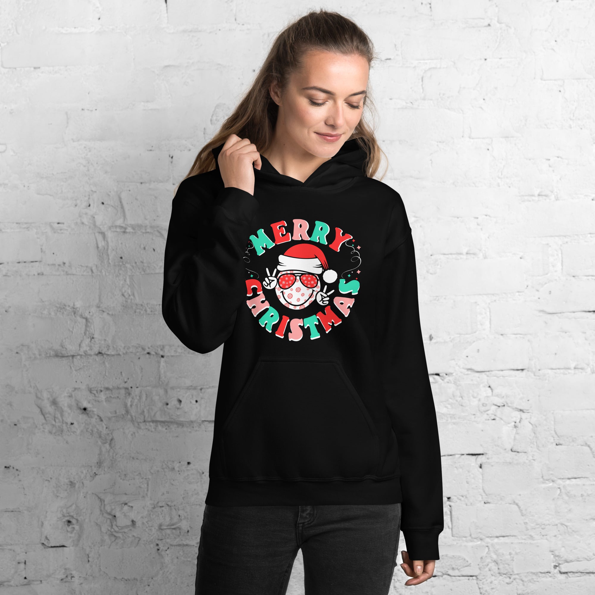 Merry Christmas Smiley With Peace Signs Women's Hoodie Retro Santa Peace Smiley Xmas Women's Hoodie