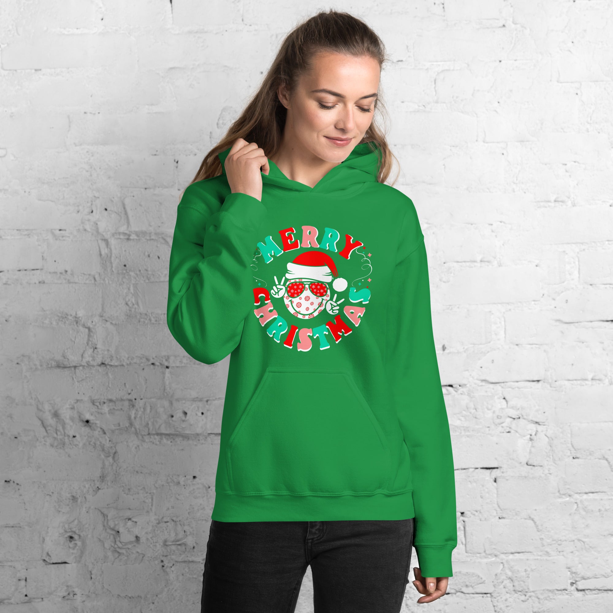Merry Christmas Smiley With Peace Signs Women's Hoodie Retro Santa Peace Smiley Xmas Women's Hoodie