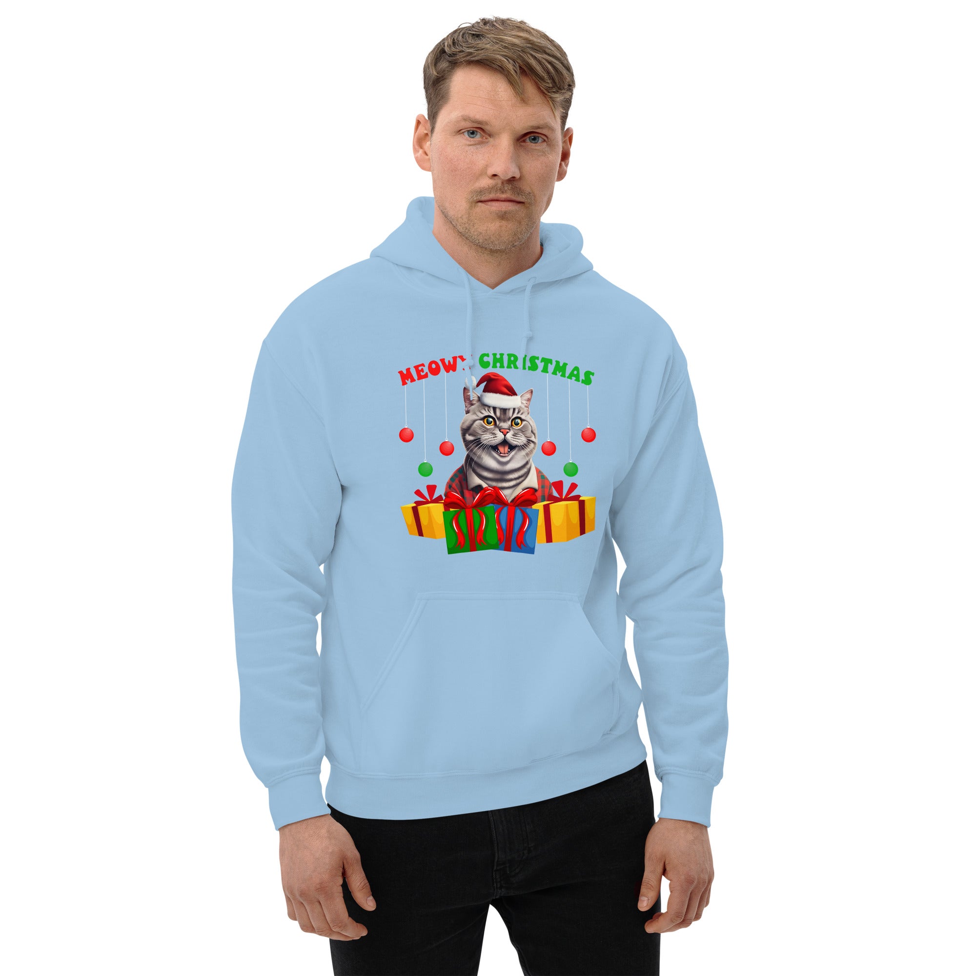 Meowy Christmas Men's Hoodie Christmas British Shorthair Cat With Santa Hat Holiday Animals Xmas Men's Hoodie