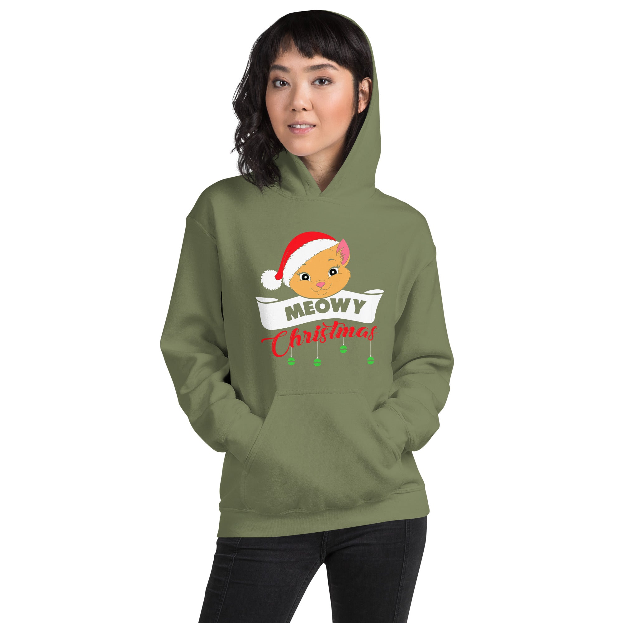 Meowy Christmas Cat Face With Santa Hat Funny Christmas Cat Lovers Xmas Festive Women's Hoodie