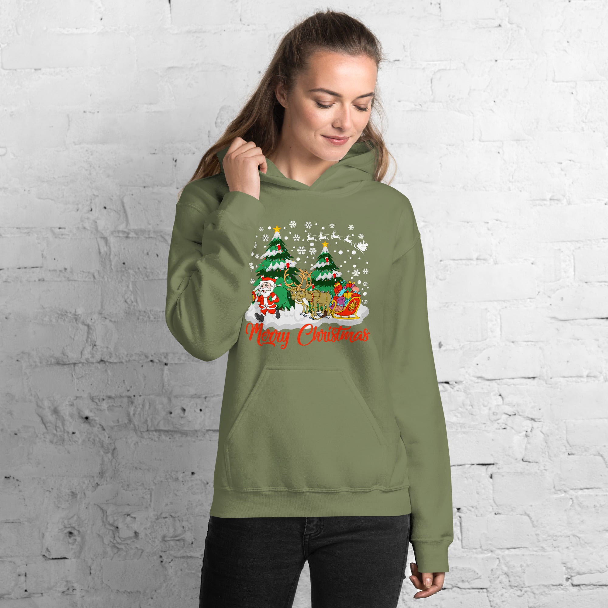 Merry Christmas Women's Hoodie Santa Claus Magical Sleigh With Flying Reindeers Xmas Ride Women's Hoodie