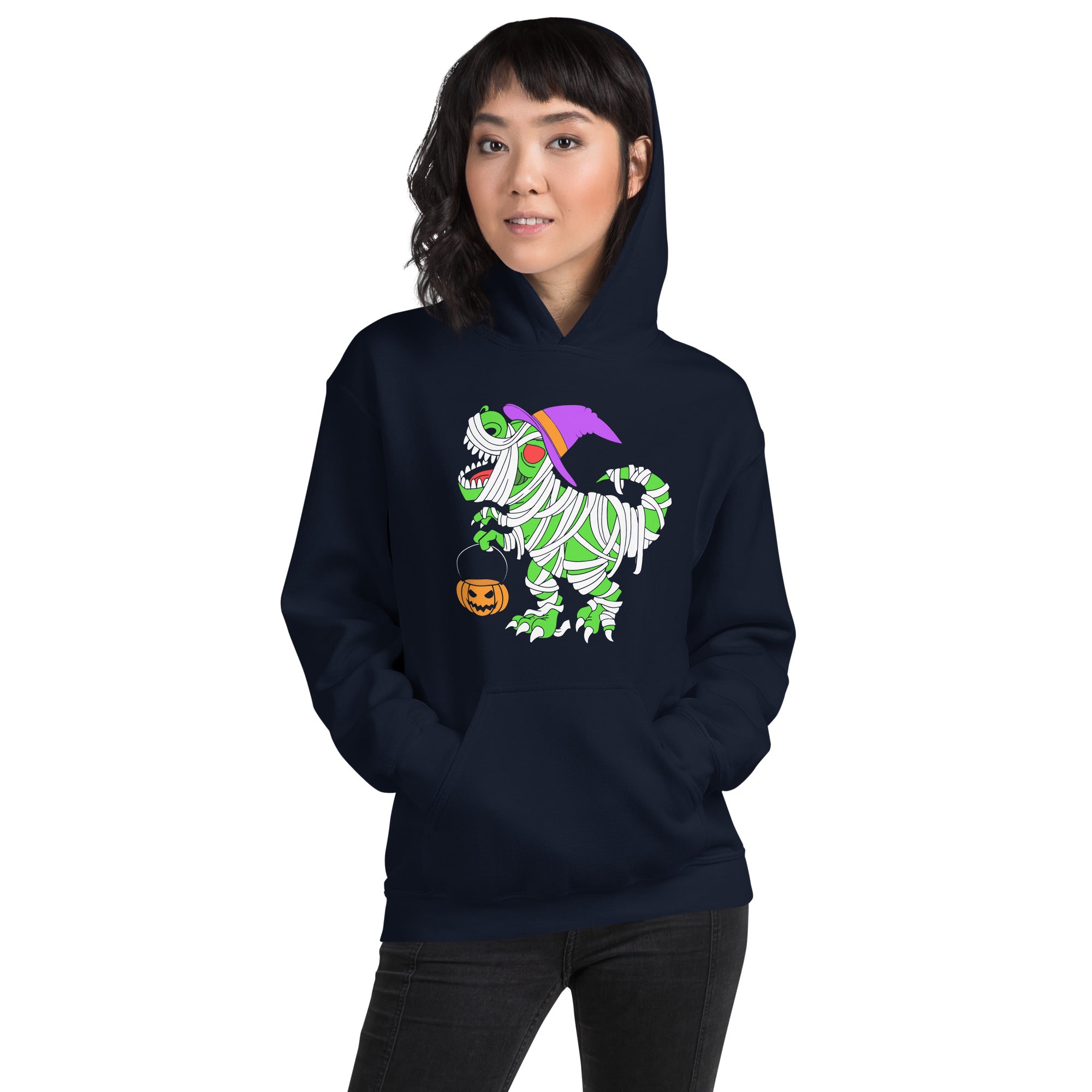 Halloween Mummy Dinosaur Holding Pumpkin Bucket Women's Hoodie