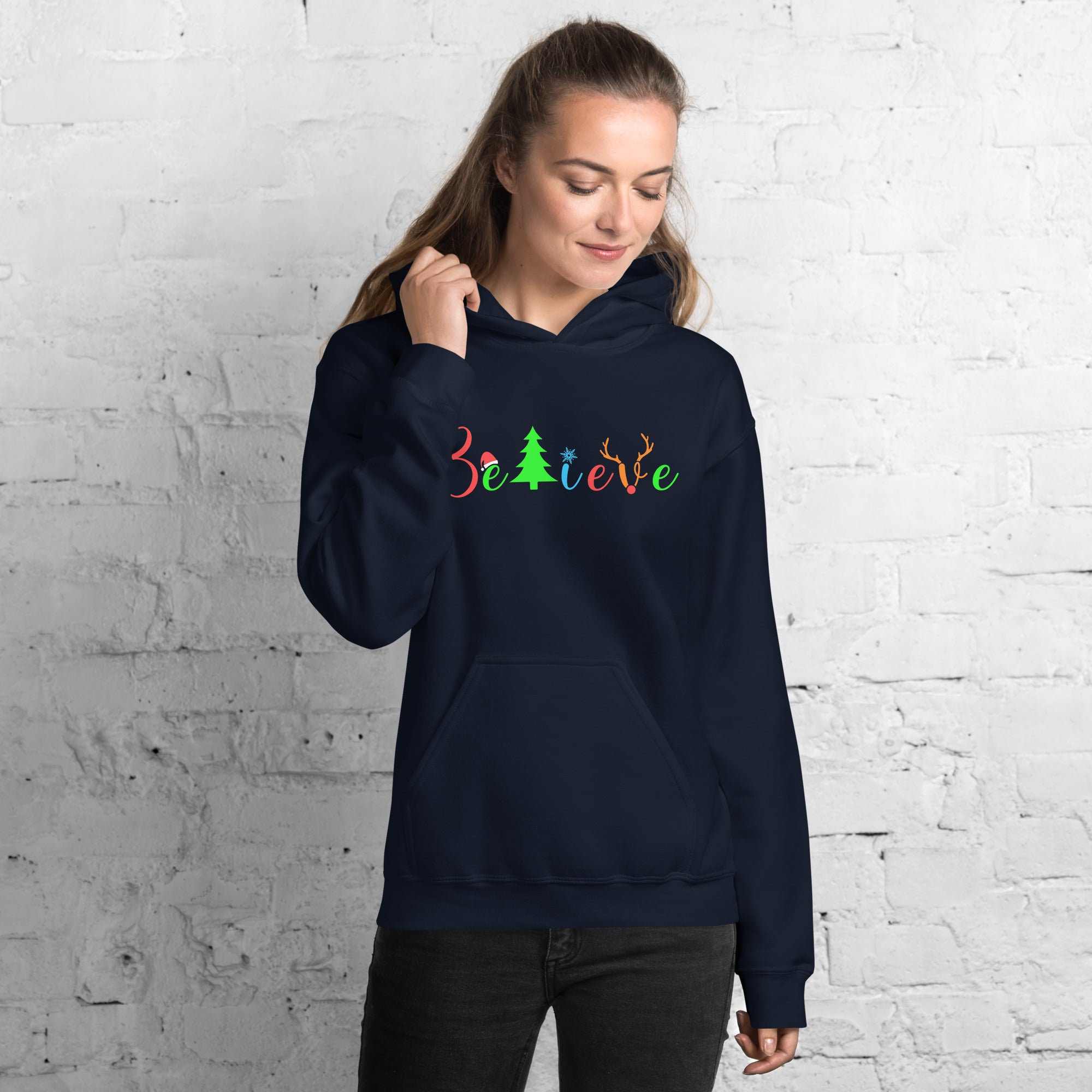 Believe Christmas Christian Believer Santa Hat Reindeer Horns Xmas Season Women's Hoodie