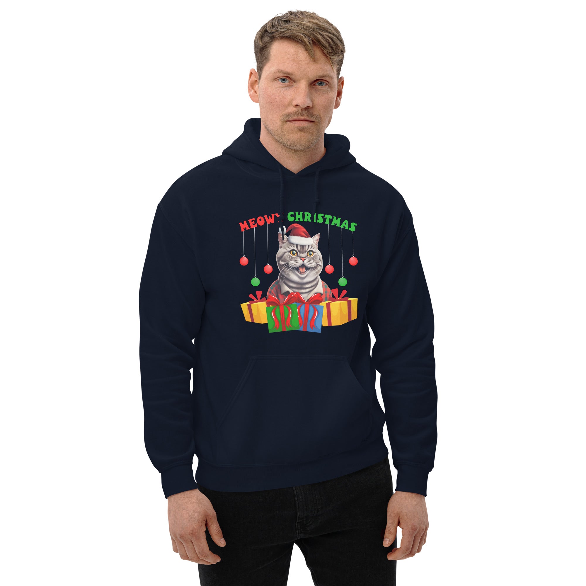 Meowy Christmas Men's Hoodie Christmas British Shorthair Cat With Santa Hat Holiday Animals Xmas Men's Hoodie