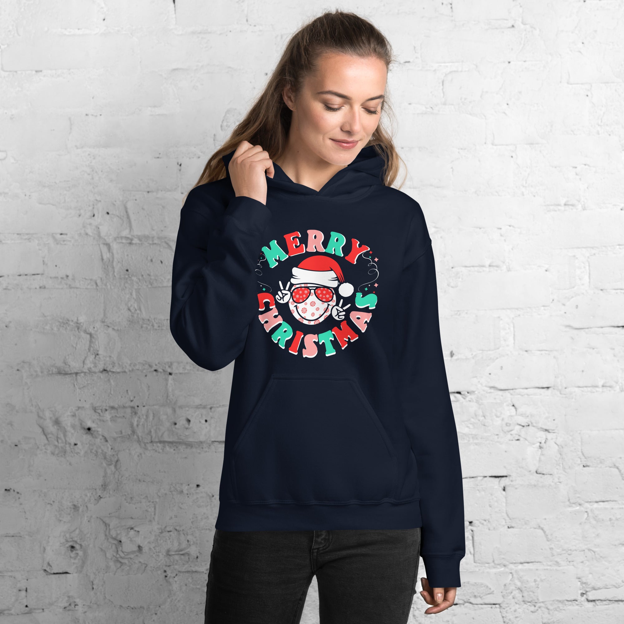 Merry Christmas Smiley With Peace Signs Women's Hoodie Retro Santa Peace Smiley Xmas Women's Hoodie