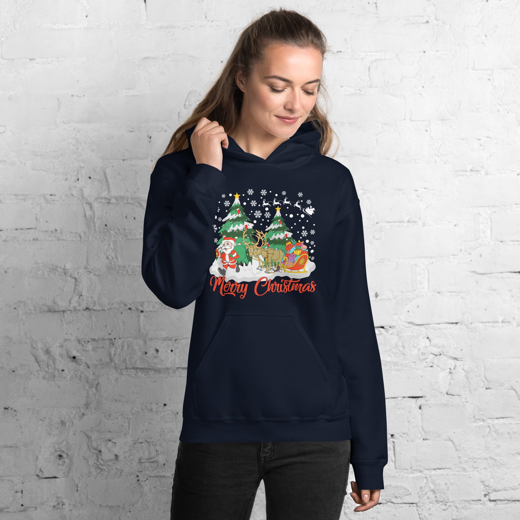 Merry Christmas Women's Hoodie Santa Claus Magical Sleigh With Flying Reindeers Xmas Ride Women's Hoodie