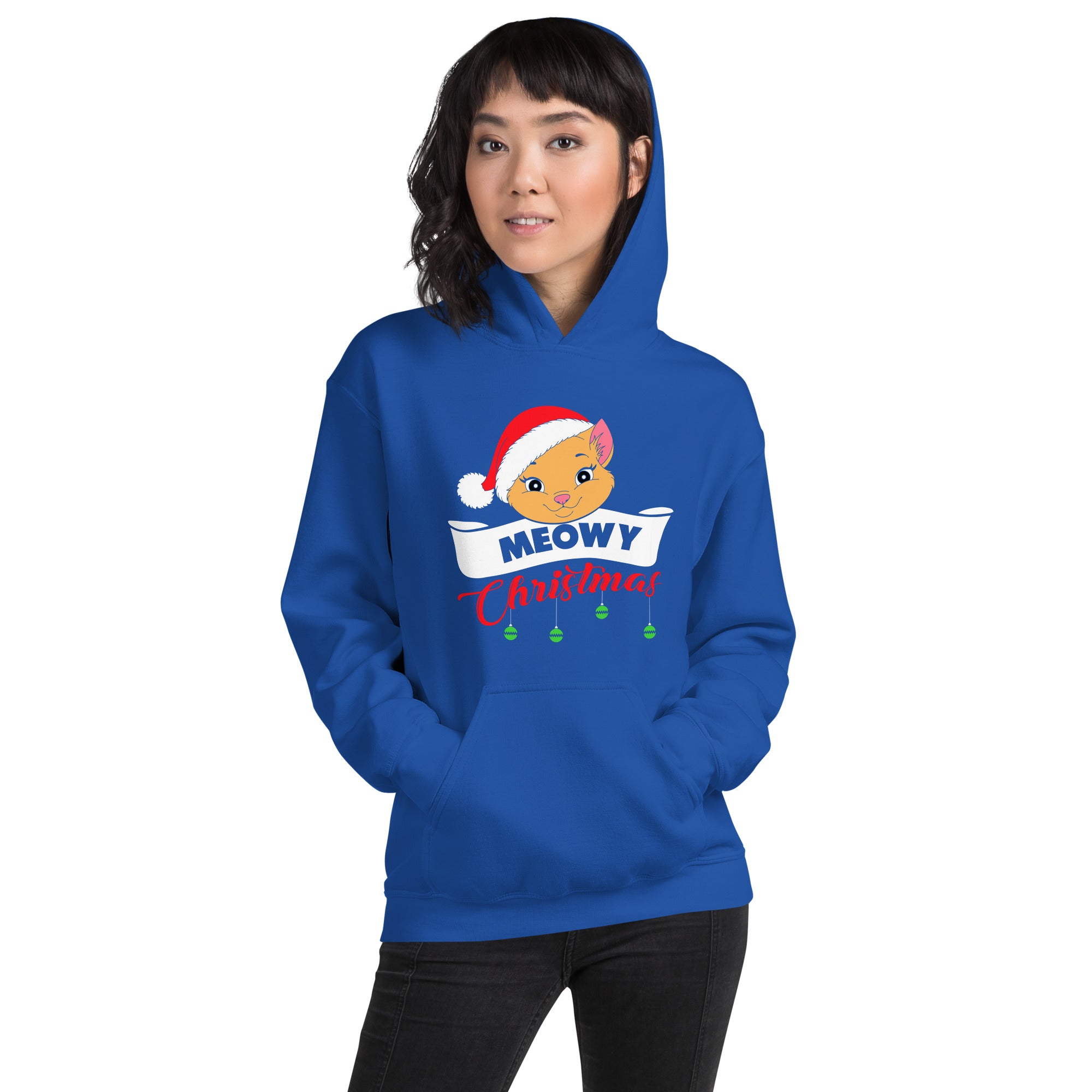 Meowy Christmas Cat Face With Santa Hat Funny Christmas Cat Lovers Xmas Festive Women's Hoodie