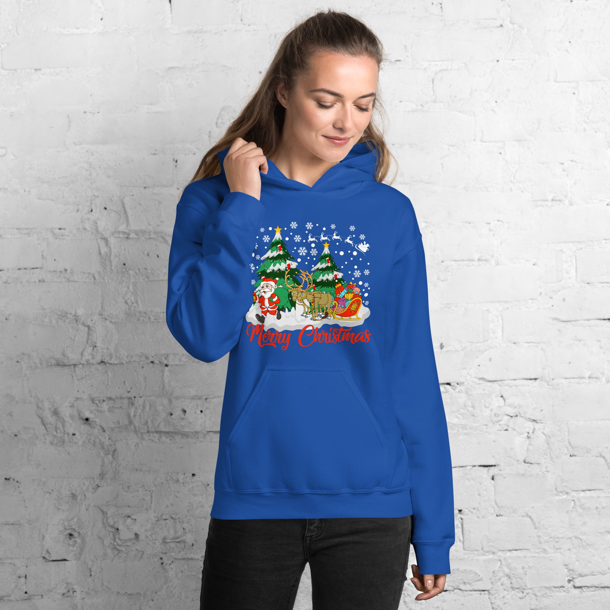 Merry Christmas Women's Hoodie Santa Claus Magical Sleigh With Flying Reindeers Xmas Ride Women's Hoodie