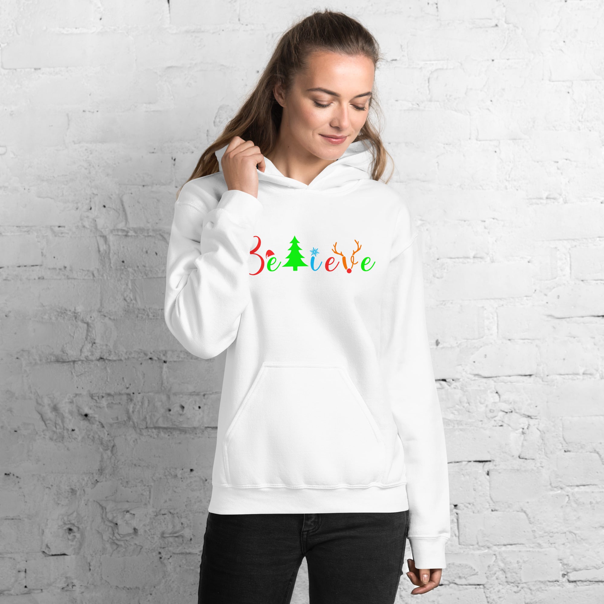 Believe Christmas Christian Believer Santa Hat Reindeer Horns Xmas Season Women's Hoodie