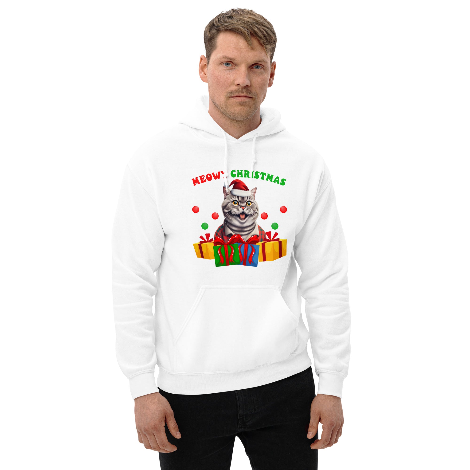 Meowy Christmas Men's Hoodie Christmas British Shorthair Cat With Santa Hat Holiday Animals Xmas Men's Hoodie