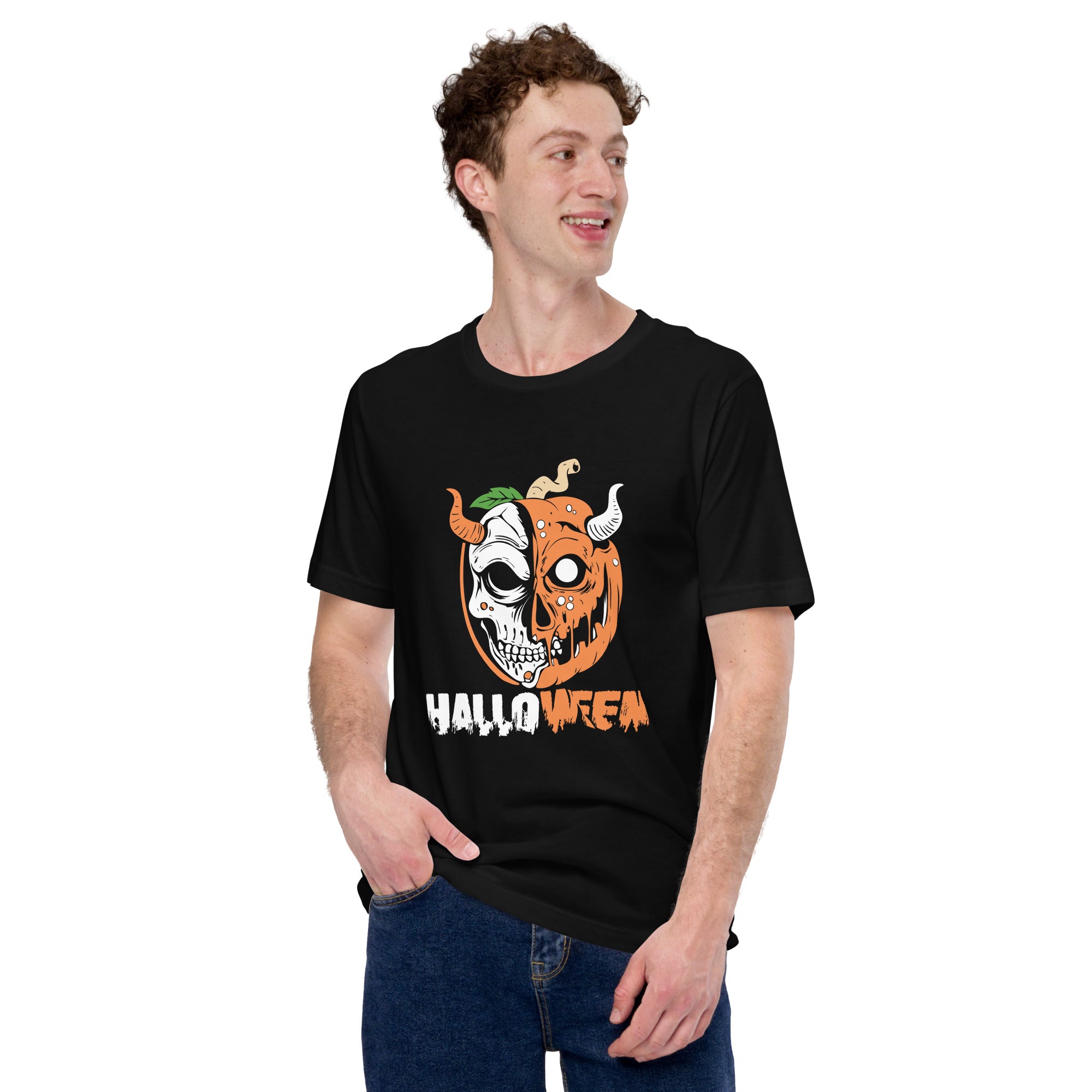 Halloween Merged Skull Pumpkin Dvil Horns Creepy Devil Pumpkin Half Skull Men's T-Shirt