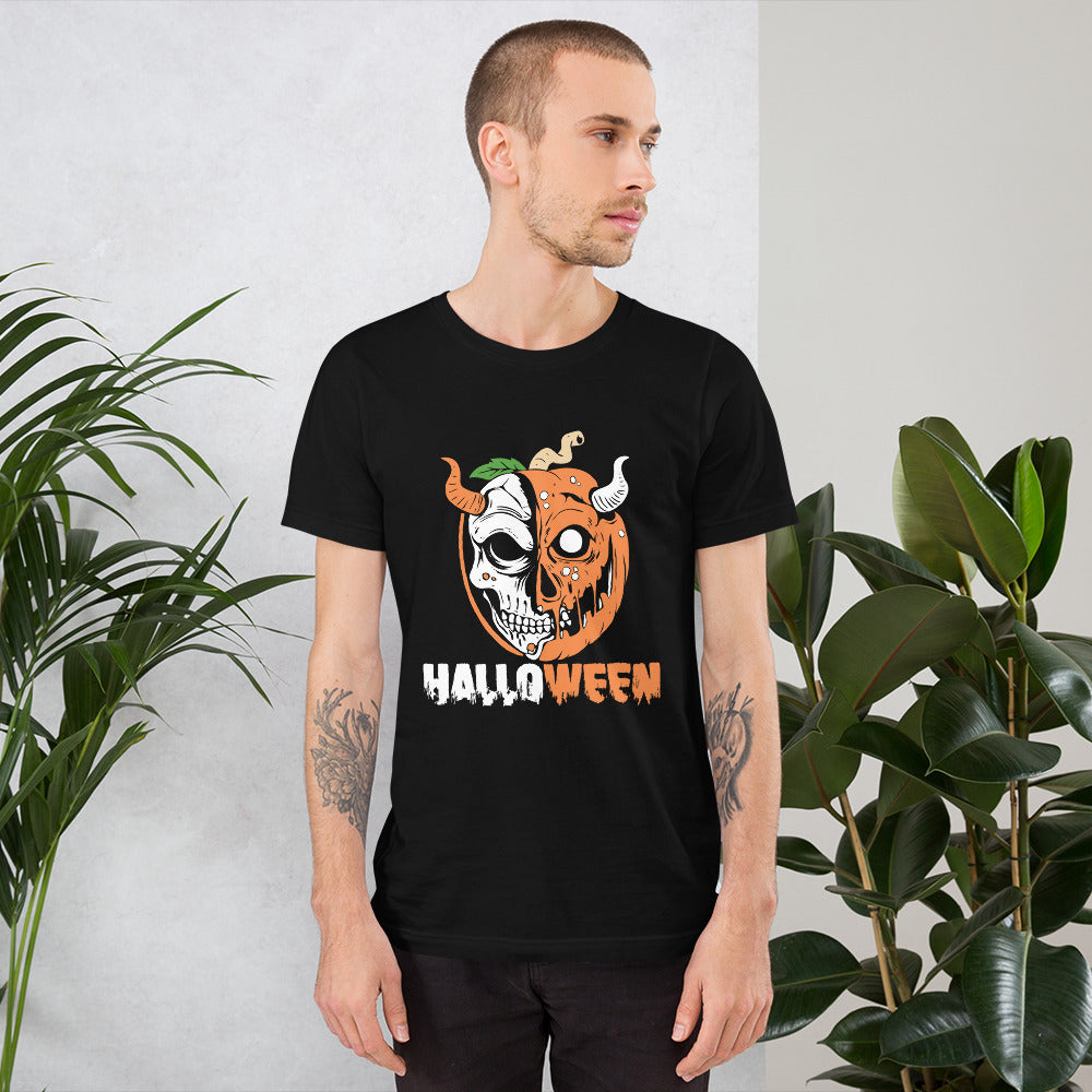 Halloween Merged Skull Pumpkin Dvil Horns Creepy Devil Pumpkin Half Skull Men's T-Shirt