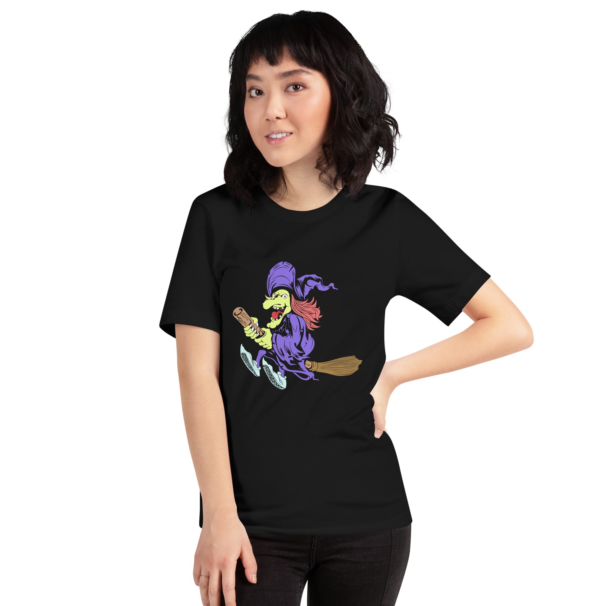 The Halloween Witch Crazy Halloween Witch Doing Tricks On Her Broomstick Spooky Vibes Women's T-Shirt