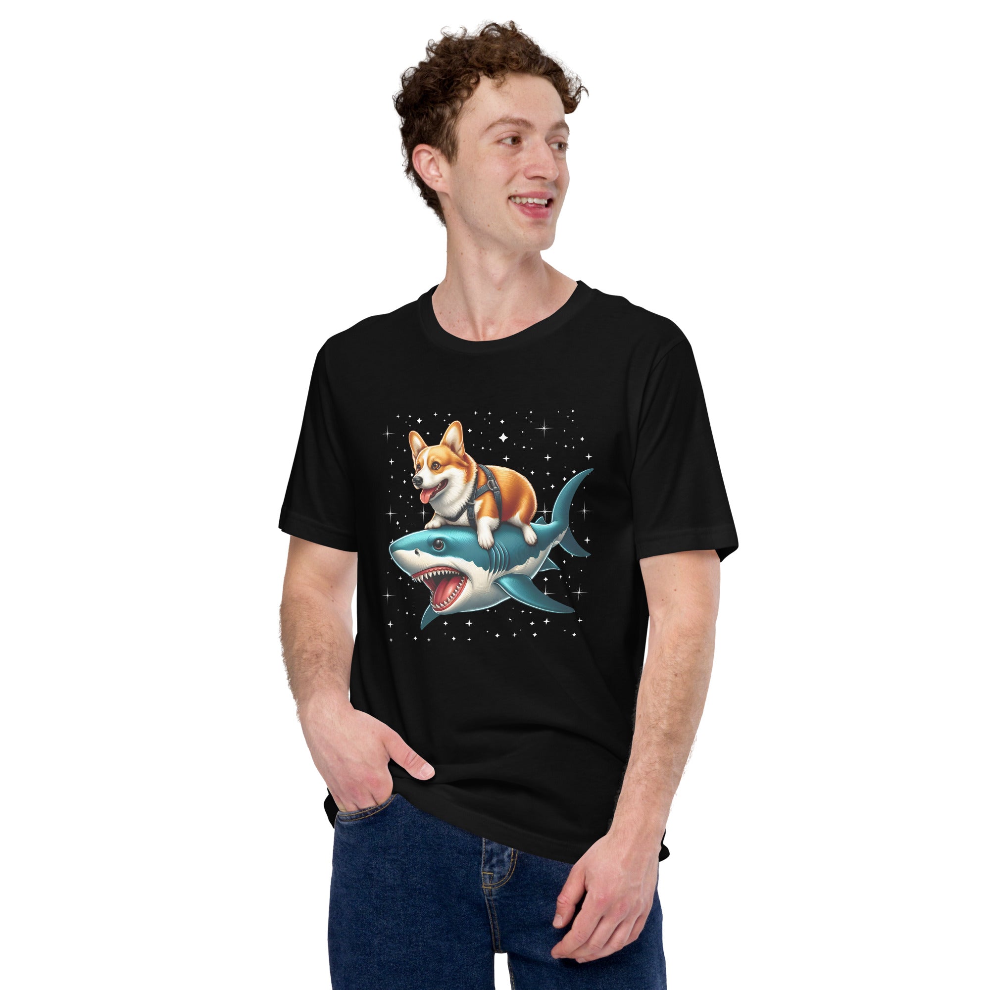 Corgi Dig Riding Shark T-Shirt