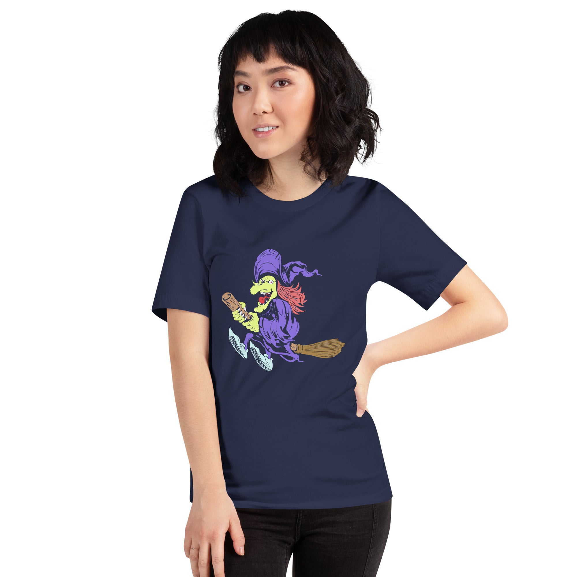 The Halloween Witch Crazy Halloween Witch Doing Tricks On Her Broomstick Spooky Vibes Women's T-Shirt
