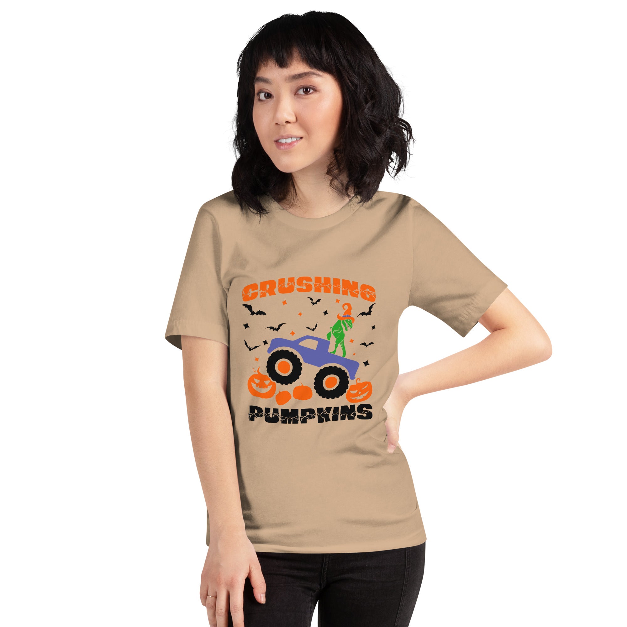 Crushing Pumpkins Halloween Dinosaur T-Rex Riding Monster Truck Pumpkin Crusher Truck Women's T-Shirt
