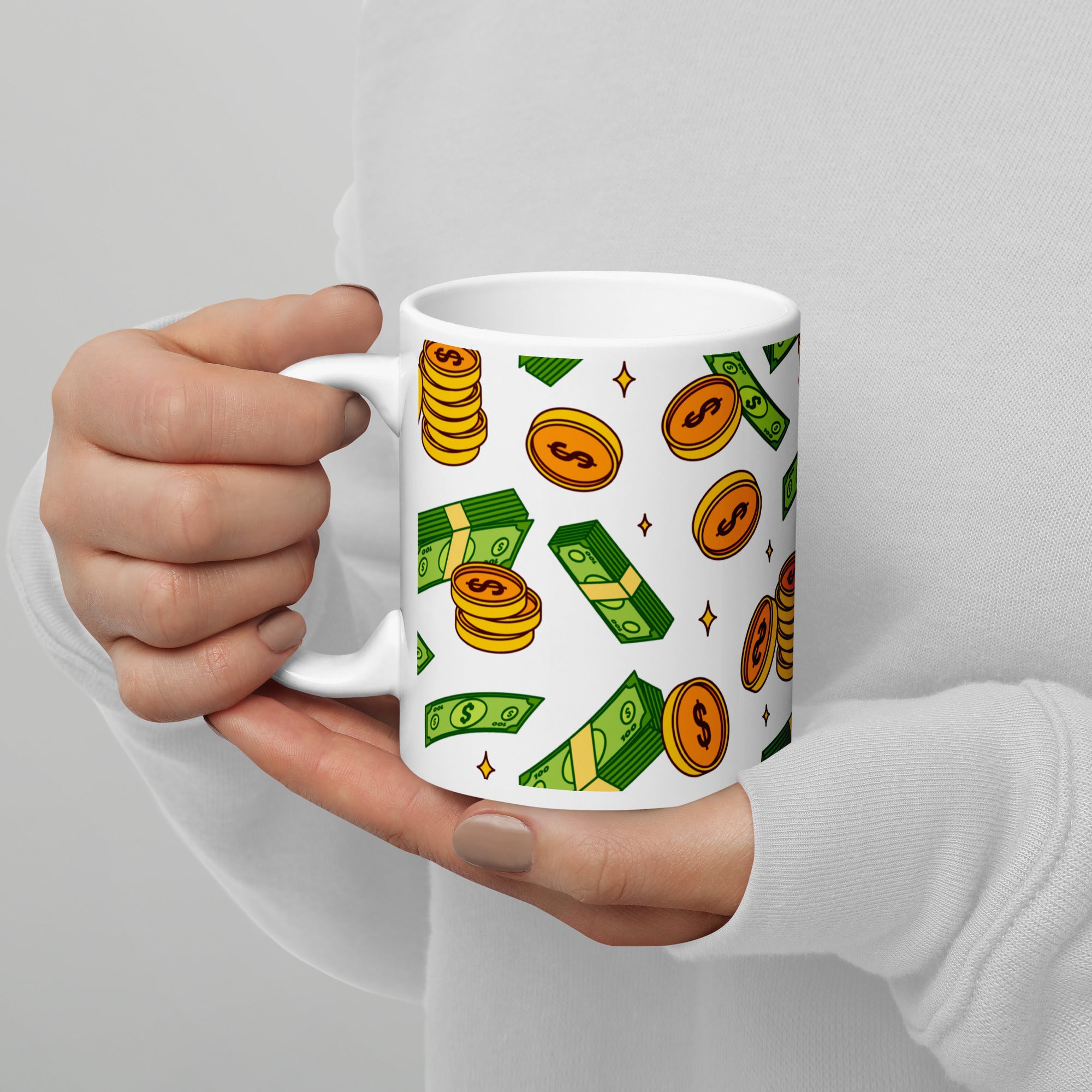 Money Rain Green Dollar Banknotes And Gold Coins Falling Down Pattern White Glossy Mug