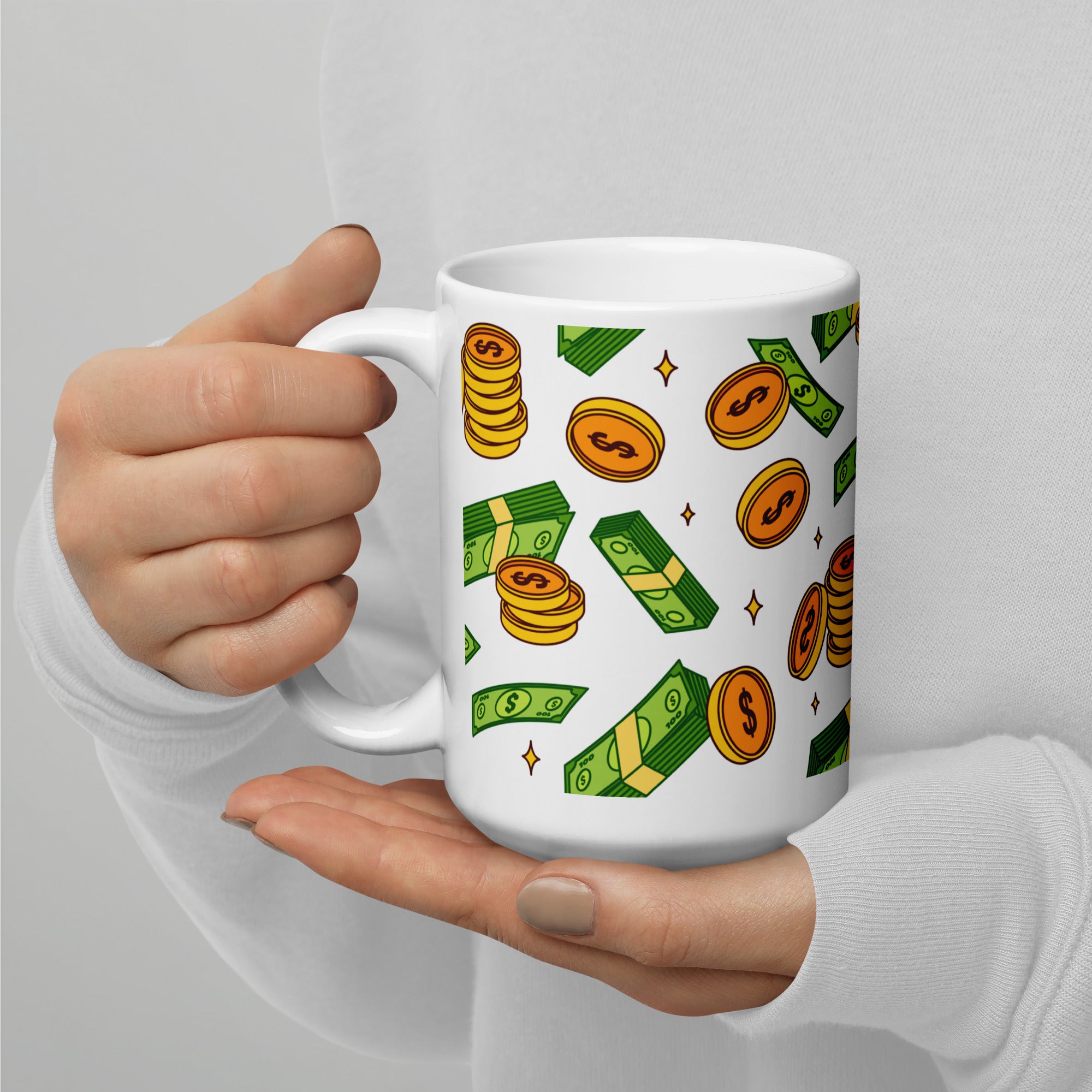 Money Rain Green Dollar Banknotes And Gold Coins Falling Down Pattern White Glossy Mug