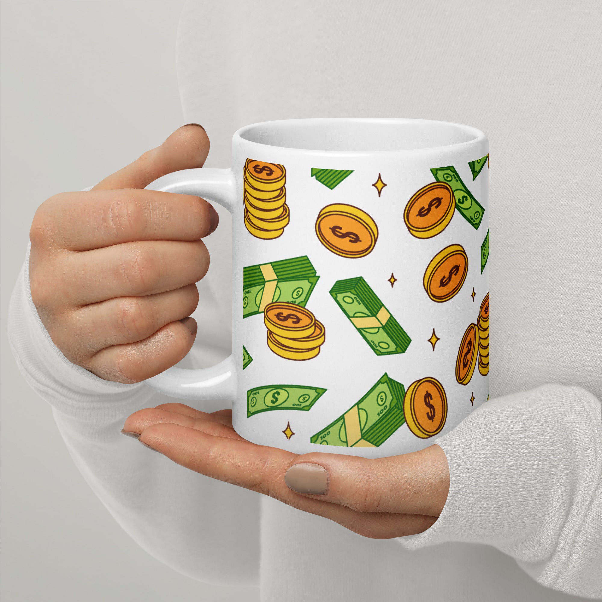 Money Rain Green Dollar Banknotes And Gold Coins Falling Down Pattern White Glossy Mug