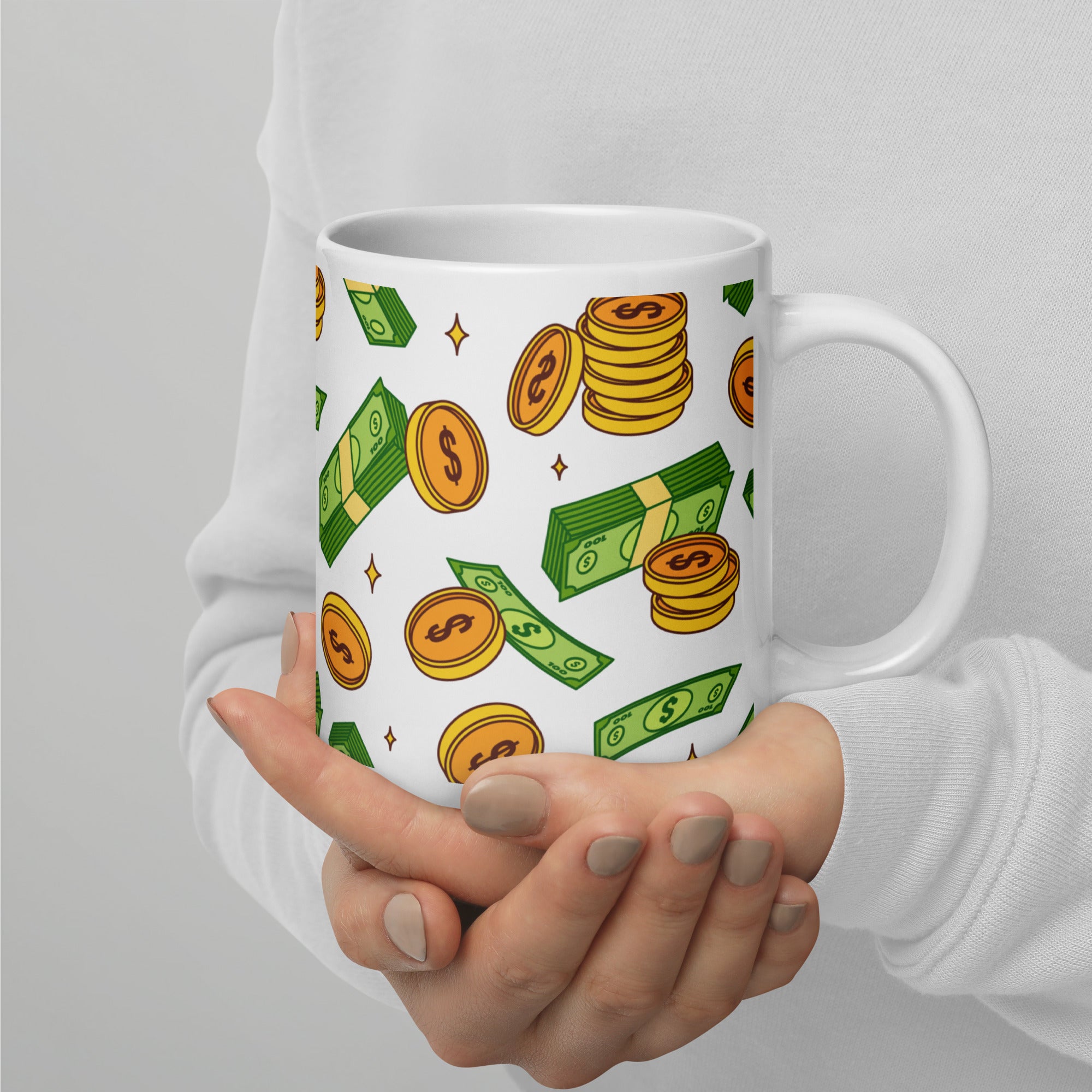 Money Rain Green Dollar Banknotes And Gold Coins Falling Down Pattern White Glossy Mug